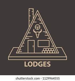 Template with lodges for glamping. Flat line style glamping travel logo. Vector illustration.