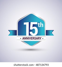 Template Logo 15th anniversary celebration. Blue and silver colored hexagon shape, vector design.