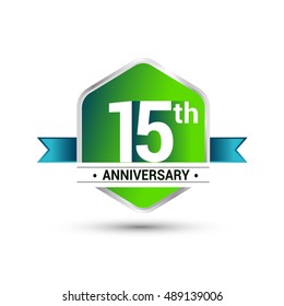 Template Logo 15th anniversary celebration. green and blue ribbon colored hexagon shape, vector design.