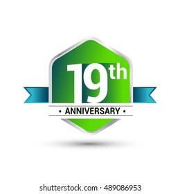Template Logo 19th anniversary celebration. green and blue ribbon colored hexagon shape, vector design.