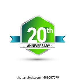 Template Logo 20th anniversary celebration. green and blue ribbon colored hexagon shape, vector design.