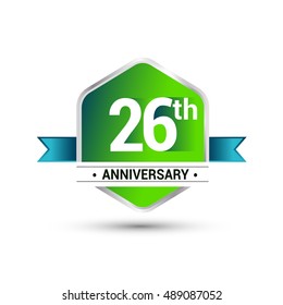 Template Logo 28th anniversary celebration. green and blue ribbon colored hexagon shape, vector design.