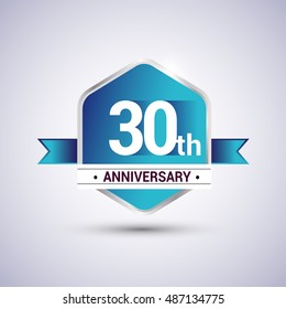 Template Logo 30th anniversary celebration. Blue and silver colored hexagon shape, vector design.