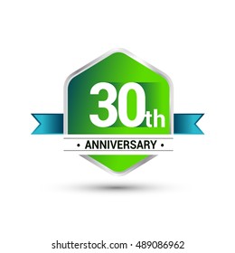 Template Logo 30th anniversary celebration. green and blue ribbon colored hexagon shape, vector design.