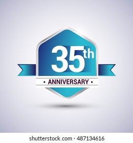 Template Logo 35th anniversary celebration. Blue and silver colored hexagon shape, vector design.