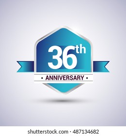 Template Logo 36th anniversary celebration. Blue and silver colored hexagon shape, vector design.