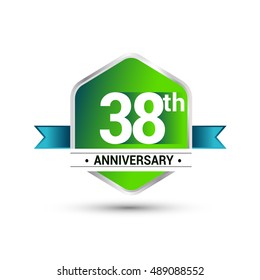 Template Logo 38th anniversary celebration. green and blue ribbon colored hexagon shape, vector design.