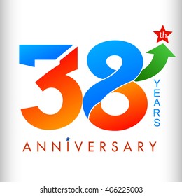 Template logo 38th anniversary color and green arrow up to red star, vector illustrator