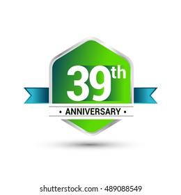 Template Logo 39th anniversary celebration. green and blue ribbon colored hexagon shape, vector design.