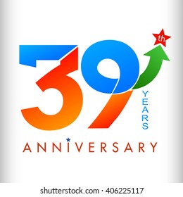 Template logo 39th anniversary color and green arrow up to red star, vector illustrator