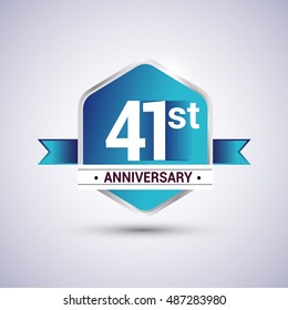 Template Logo 41st anniversary celebration. Blue and silver colored hexagon shape, vector design.