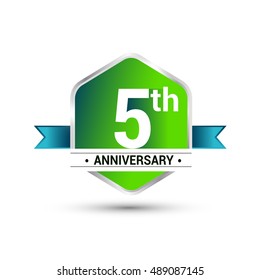 Template Logo 5th anniversary celebration. green and blue ribbon colored hexagon shape, vector design.