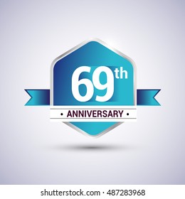 Template Logo 69th anniversary celebration. Blue and silver colored hexagon shape, vector design.