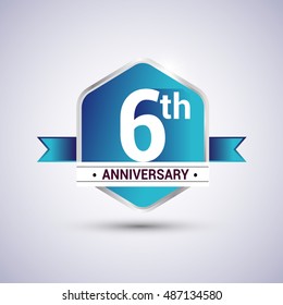 Template Logo 6th anniversary celebration. Blue and silver colored hexagon shape, vector design.