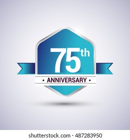Template Logo 75th anniversary celebration. Blue and silver colored hexagon shape, vector design.