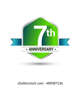 Template Logo 7th anniversary celebration. green and blue ribbon colored hexagon shape, vector design.