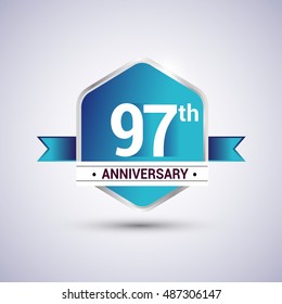 Template Logo 97th anniversary celebration. Blue and silver colored hexagon shape, vector design.
