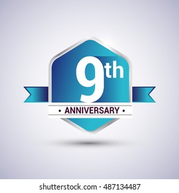 Template Logo 9th anniversary celebration. Blue and silver colored hexagon shape, vector design.