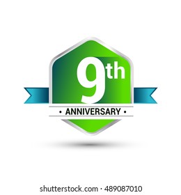 Template Logo 9th anniversary celebration. green and blue ribbon colored hexagon shape, vector design.
