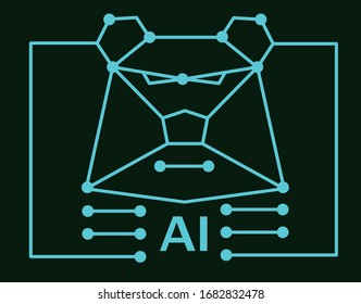 Template of logo for Artificial Intelligence and RPA topics shown as  bear head made of digital microelectronic wires. Branding for stock market soft. Vector format. 