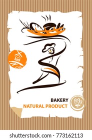 Template logo for bakery, pastry, confectionery shop. Silhouette of baker man in chef hat holding basket with baked goods
