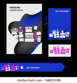 Template logo, banner, poster design. Concept image for fast delivery transportation business carrying a gift package. Silhouette present in cardboard box. 