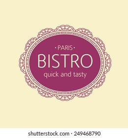 Template logo for bistros, cafes and restaurants. Openwork oval frame with text. Burgundy color. Vintage style.