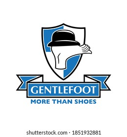 Template for a logo in blue for a footwear brand, consisting of a shield with an icon of a foot with a hat and a text that says: "Gentlefoot, more than shoes"