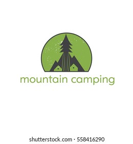 Template logo with camping tent,mountains and tree. Vector illustration for adventure theme