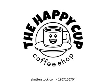 Template for a logo of a coffee shop, in black and white and border lines, formed by the icon of a cup of coffee with a plate and a smiling face, and a text that says: The Happy Cup, coffee shop.