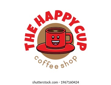 Template for a logo of a coffee shop, formed by the icon of a red cup of coffee with a plate and a smiling face, like a cartoon character, and a text that says: The Happy Cup, coffee shop.