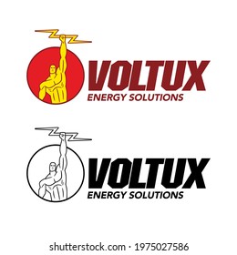 Template for a logo, in color and black and white version, of an energy company, formed by the icon of a man with a raising arm holding a lightning, with a text that says: Voltux, energy solutions.