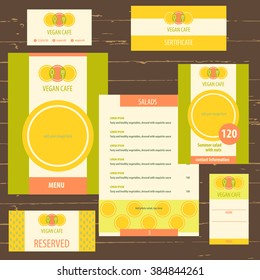 Template logo and corporate identity, identification of vegetarian cafe, vegan food. A set of stationery items menu. Vegan food logo. A healthy breakfast, lunch and dinner.