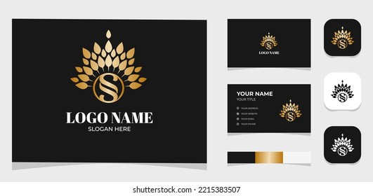 Template Logo Creative and Elegant Flower and S logotype gold concept. Creative Template with color pallet, visual branding, business card and icon.