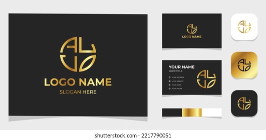 Template Logo Creative Initial Letter A, L and U in Circle and leaf concept. Creative Template with color pallet, visual branding, business card and icon.