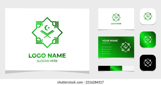 Logo de plantilla Emblema islámico creativo, luna de libro y concepto de estrella. Logo para médicos u hospitales. Plantilla creativa con paleta de colores, marca visual, tarjeta de visita e icono.