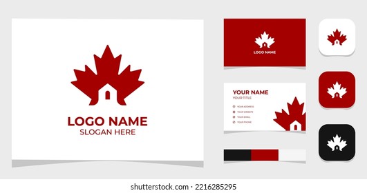 Template Logo Creative Maple und Haus- oder Hausform Konzept. Logo für Medizin oder Krankenhaus. Kreative Vorlage mit Farbpalette, visuellem Branding, Visitenkarte und Icon.