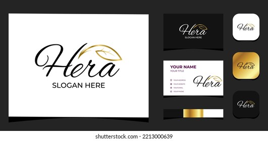 Template Logo Creative Logo Type HERA and gold leaf in beauty industry. Creative Template with color pallet, visual branding, business card and icon.