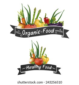 Template logo or decoration in retro style. Ribbons and different set of vegetables in a watercolor style. Vector.