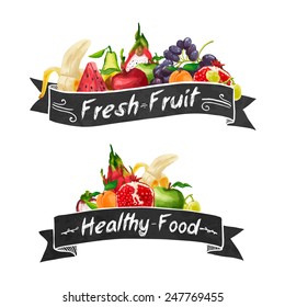 Template logo or decoration in retro style. Ribbons and different set of fruit in a watercolor style. Vector. 