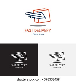 Template of logo of delivery company. Creative vector template in the form of box with wings. Vector template in the modern liner style.