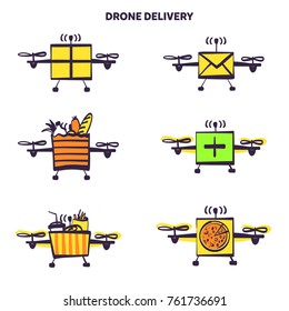 Template logo design for air delivery.  Concept convenient and fast transportation.  Concept illustration of a drone carrying a package. Sketch vector illustration. 