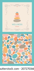 Template for logo design with color natural stones for wellness, spa salon, Thai massage and marine seamless wallpaper on sand color background