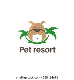 Template logo design with dog,cat  and palm trees for pet resort theme. Vector illustration