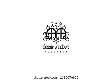 Template logo design solution for wood windows factory, classic windows manufacturer, windows production, sawmill post production
