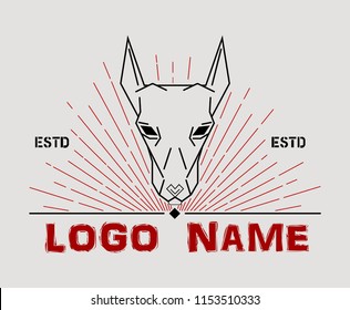 Template for logo with Doberman head image, company`s name and establishment date on the gray background with red intermittent rays. Vector illustration ideal for gyms, sport clubs and security agency