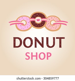 Template logo for donut shop. Logo confectionery, coffee shop.
Premium quality, delicious pastries. Heraldic style.