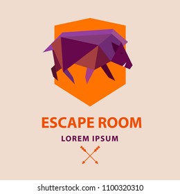 Template logo for escape room. Low poly wild boar on shield. Polygonal geometric style pig sign. Modern bright colored triangle image hog in design for cover card,  banner, badge. Vector illustration