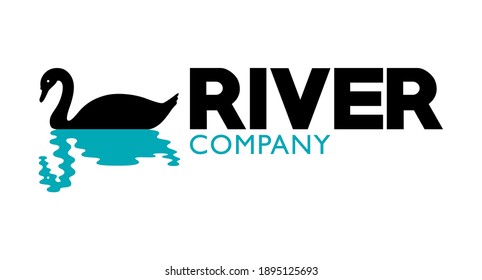 Template for a logo formed by a vector icon of the simple silhouette of a swan, in black color, reflected on a liquid surface of greenish blue color; with a text that says: River, company.