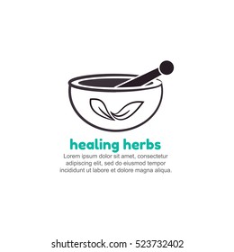 Template logo for healing herbs. Pharmaceutical mortar symbol